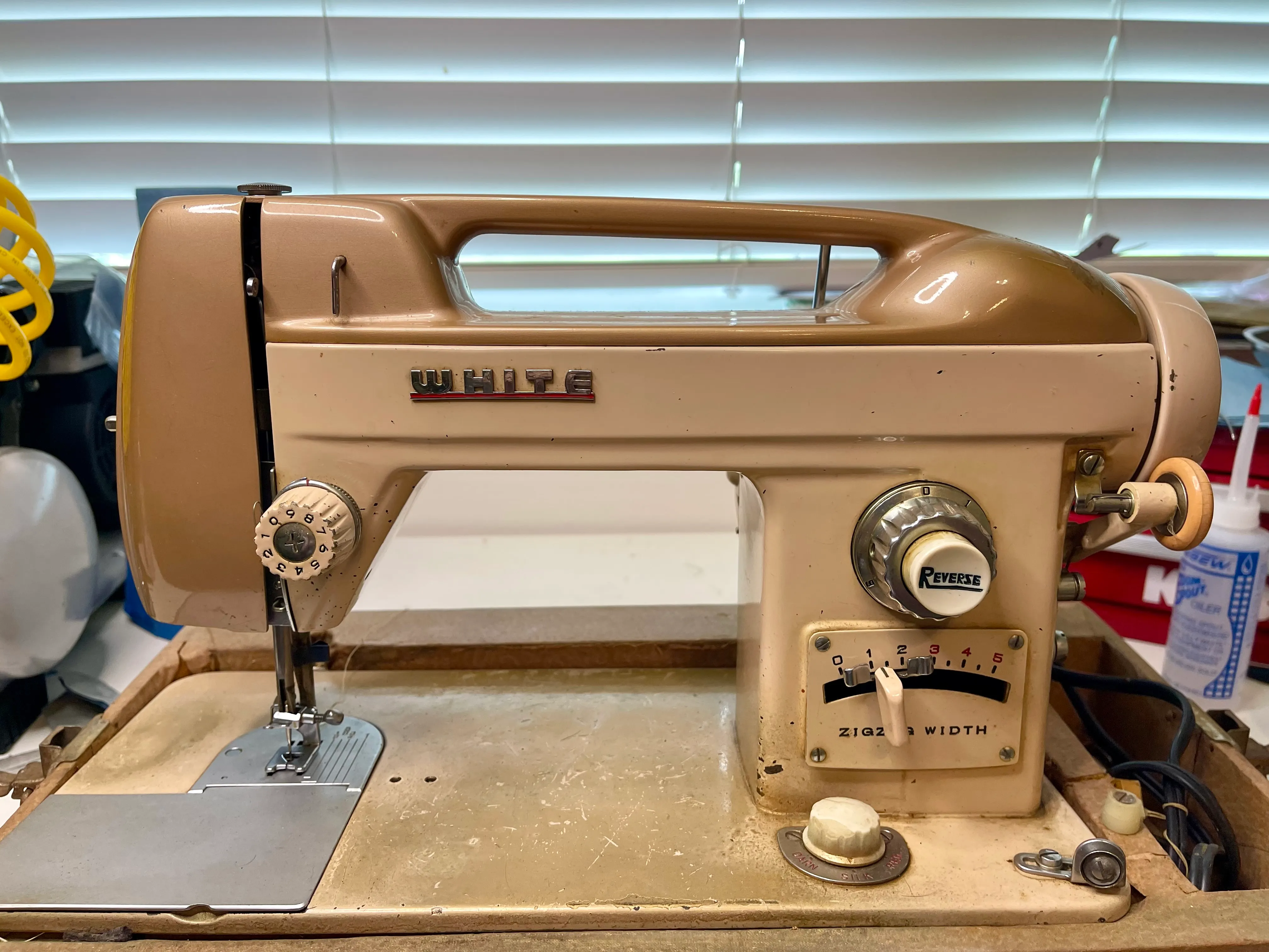 Vintage White sewing machine awaiting restoration